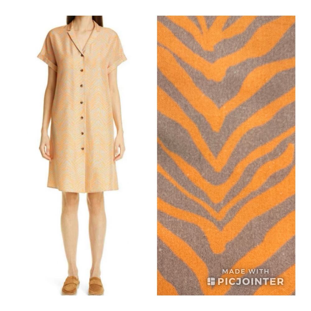 Lafayette 148 New York Sawyer Silk Button Shirt Dress Tanned Coral Zebra Size M